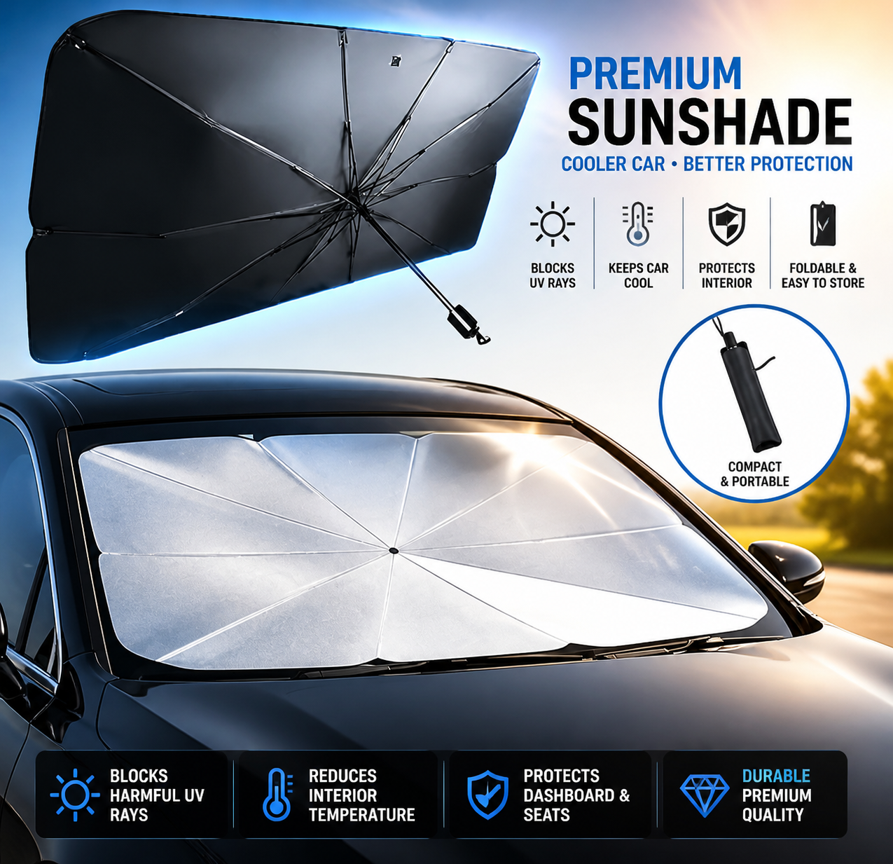 Car Umbrella Sun Shade Cover for Windshield UV Reflecting Foldable Front Car Sunshade Umbrella
