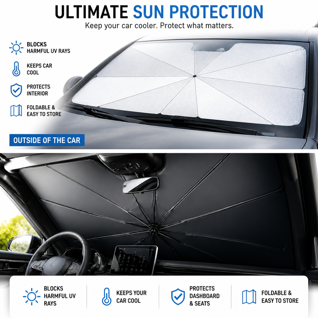 Car Umbrella Sun Shade Cover for Windshield UV Reflecting Foldable Front Car Sunshade Umbrella